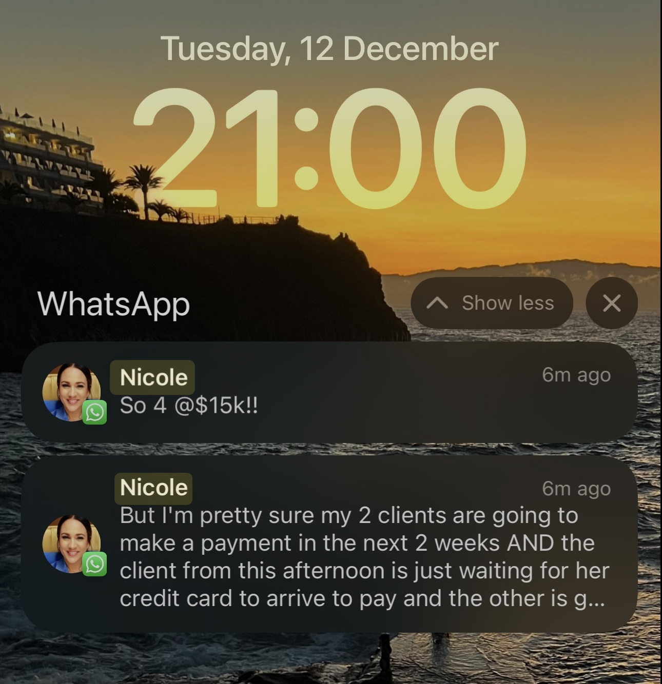 Nicole: $60K month - 4 clients closed at $15K each