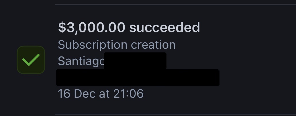Stripe: $3,000 succeeded - Santiago M.